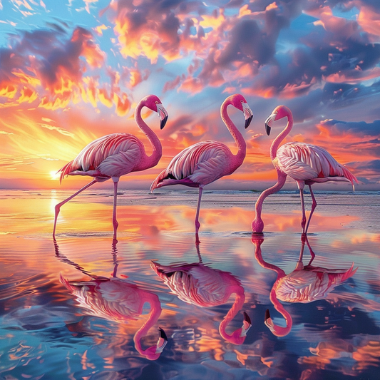 Coucher De Soleil Flamant Rose - Peinture Au Diamant