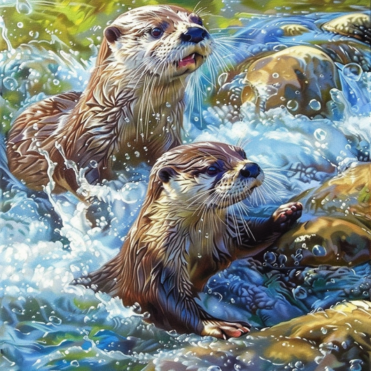 Loutres Dans La RivièRe - Peinture Au Diamant