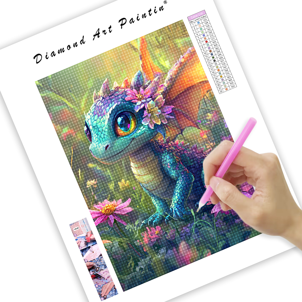 Dragon Coloré Au Milieu Des Fleurs - Peinture Au Diamant