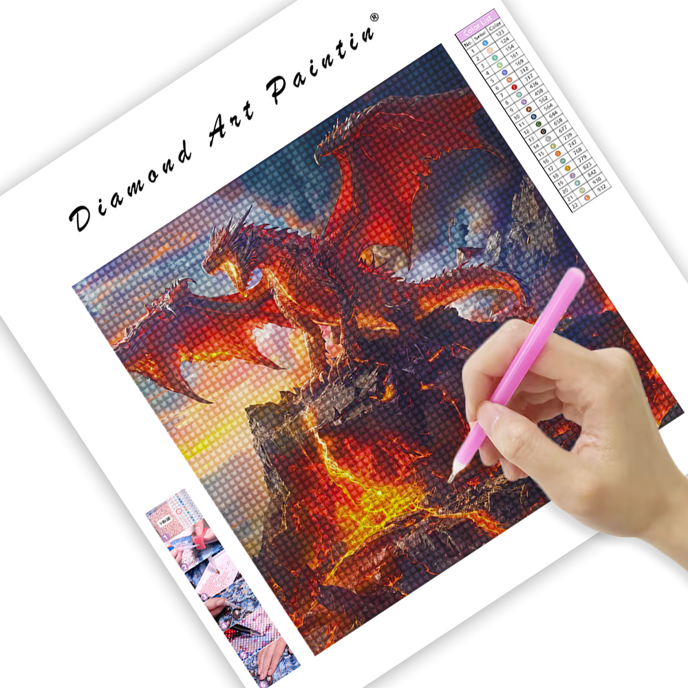 Dragon Rouge Sur Le Volcan - Peinture Au Diamant