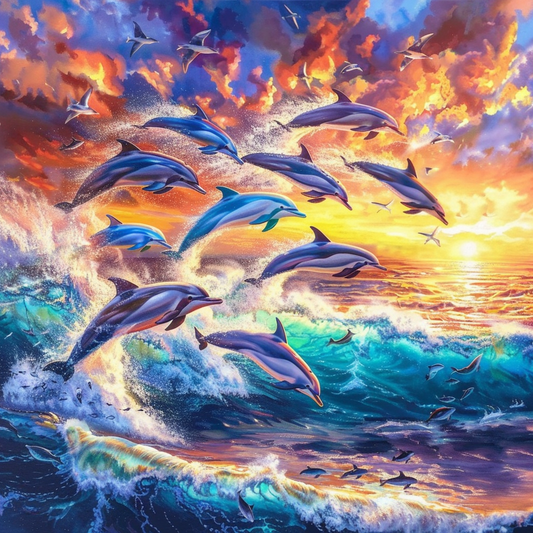 Dauphin Coucher De Soleil Mer - Peinture Au Diamant