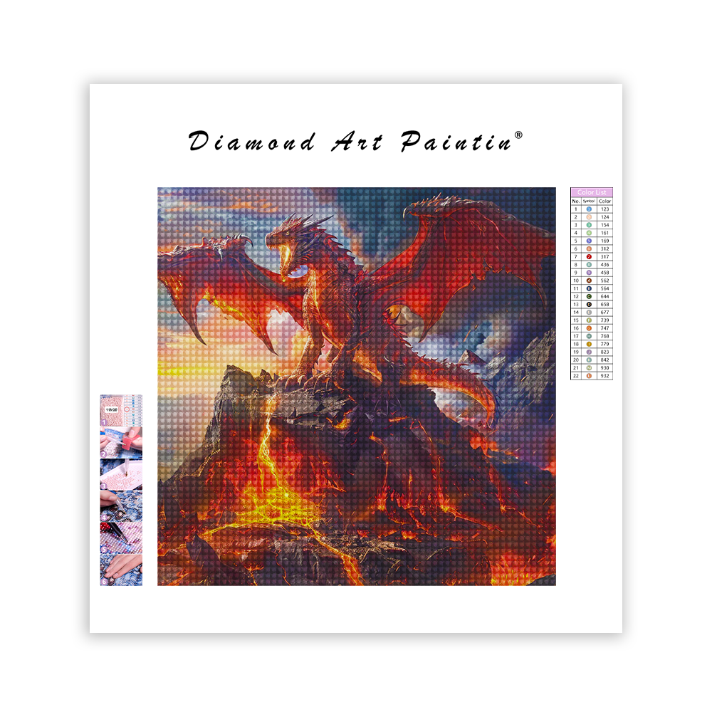 Dragon Rouge Sur Le Volcan - Peinture Au Diamant