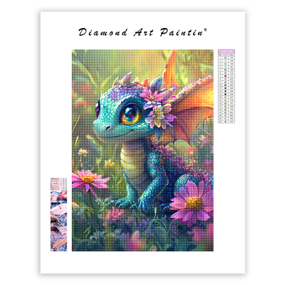 Dragon Coloré Au Milieu Des Fleurs - Peinture Au Diamant