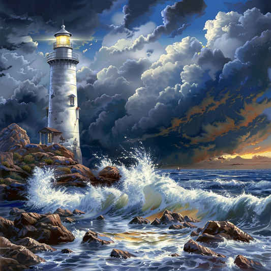 Phare Dans Les Vagues - Peinture Diamant