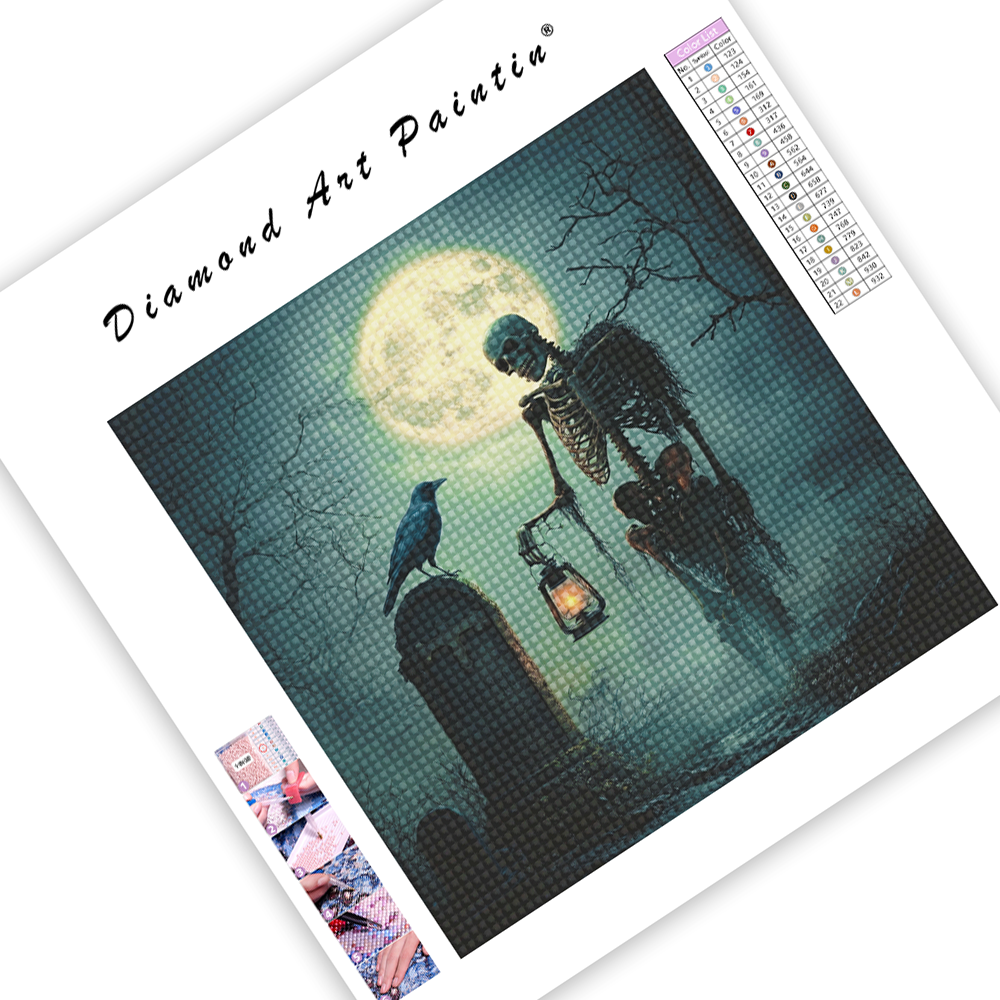 Squelette Et Corbeau La Nuit D'Halloween - Peinture Au Diamant