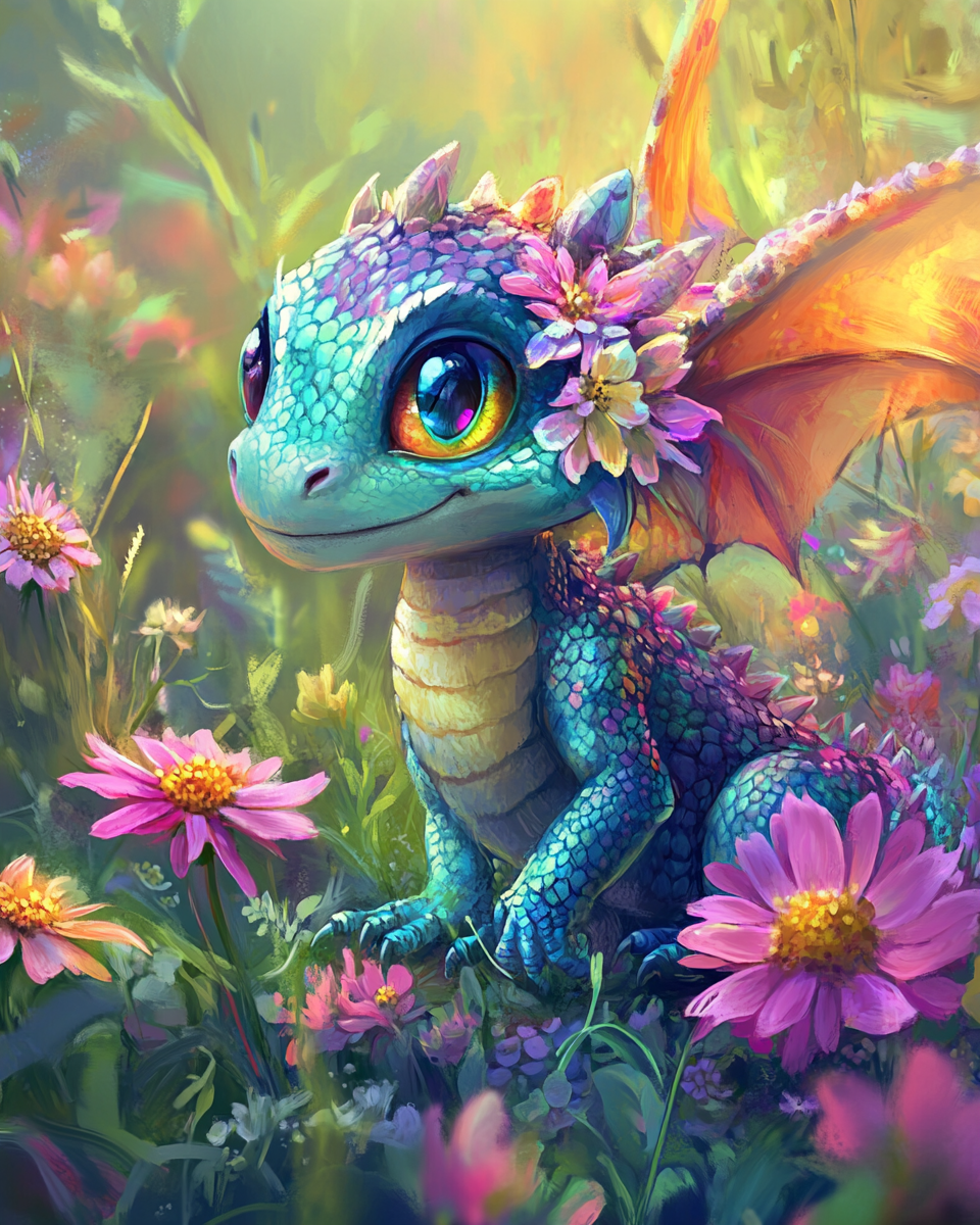 Dragon Coloré Au Milieu Des Fleurs - Peinture Au Diamant